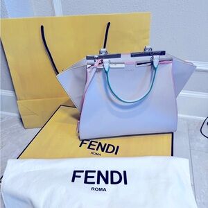 FENDI 3 JOURS Leather Bag, Light Gray, Multi, Large Size FREE SHIP